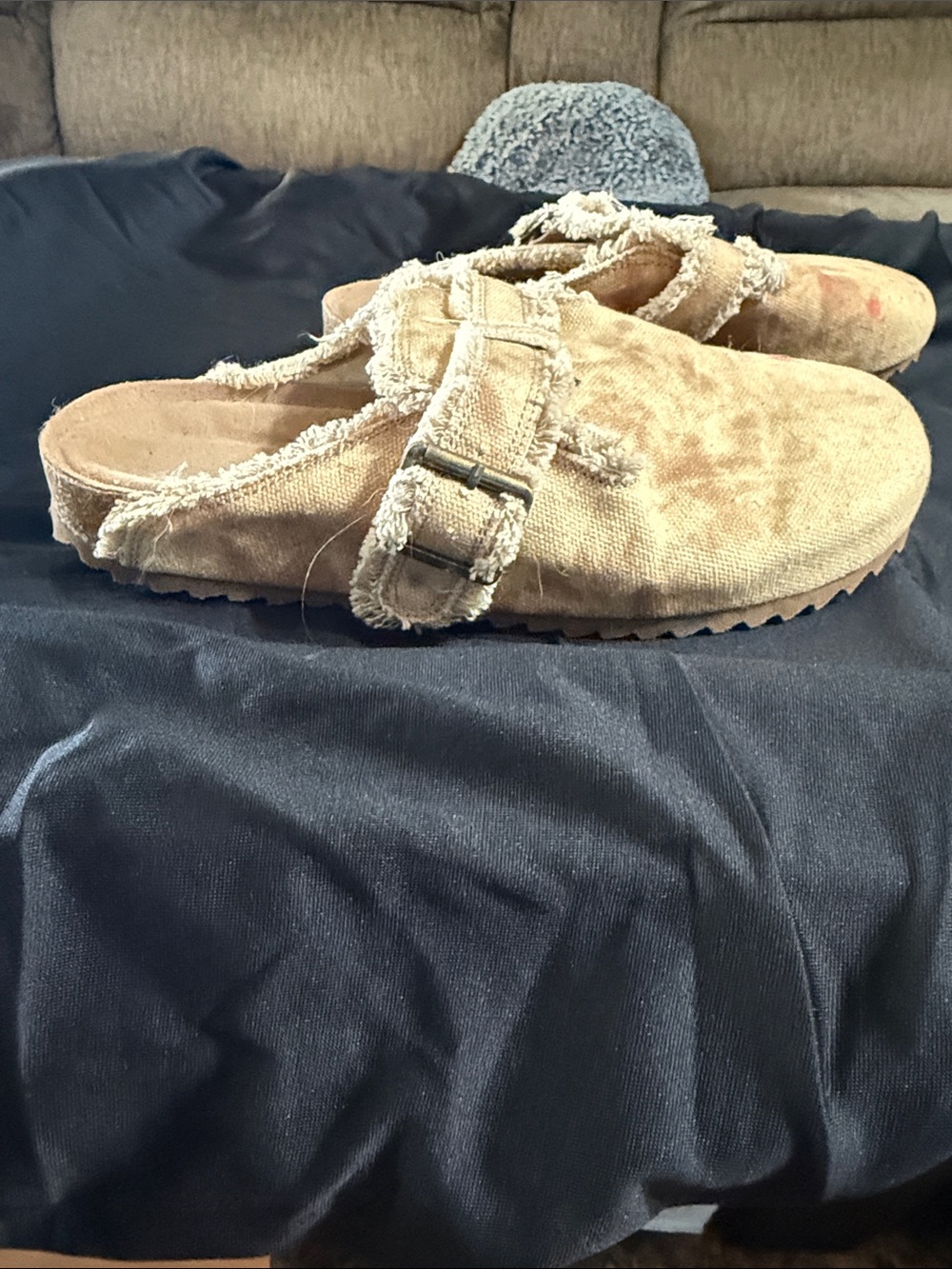 Very G Tan Frayed Slip-On Buckle Clogs